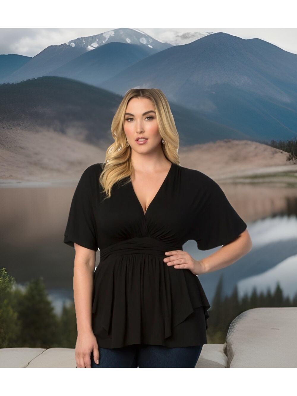 Kiyonna Top Promenade Style 3X Black Flutter Sleeves Empire Waist Boho Slimming